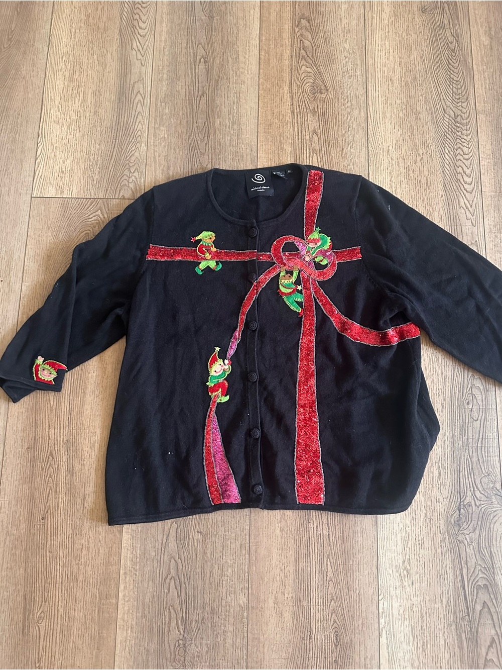 Michael Simon Christmas Sweater with Red and Pink Sequined Bow and Elfs